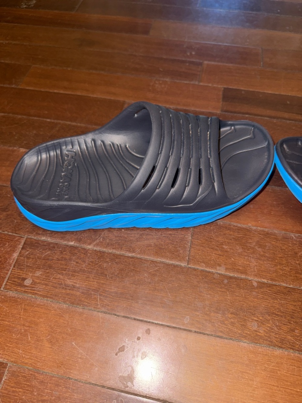 Hoka Men's Black Slide Sandals with Blue Midsoles - Picture 7 of 10